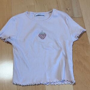 Reserved Light Pink Ribbed Short Sleeve Tee with Rhinestone Strawberry